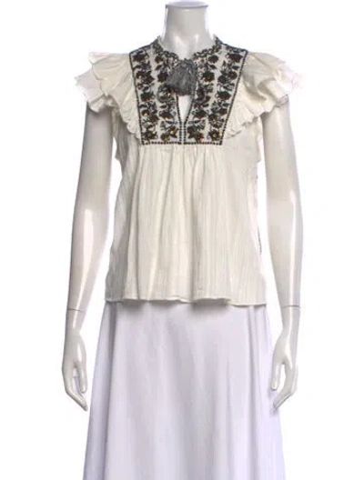 Pre-owned Ulla Johnson Floral Print Tie Neck Blouse In White
