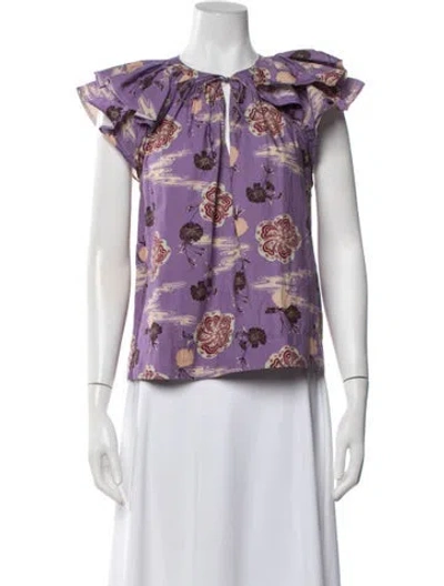 Pre-owned Ulla Johnson Floral Print Tie Neck Blouse In White