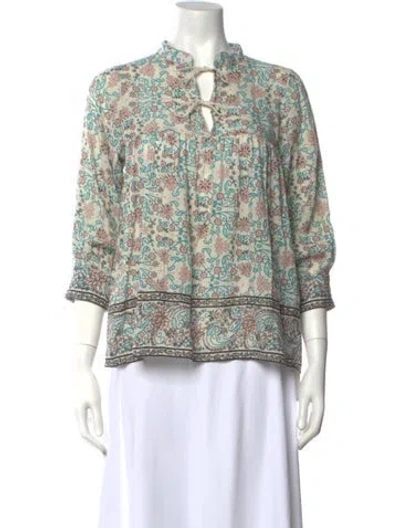 Pre-owned Ulla Johnson Floral Print Tie Neck Blouse In White