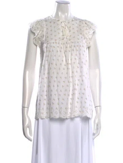 Pre-owned Ulla Johnson Floral Print Tie Neck Blouse In White