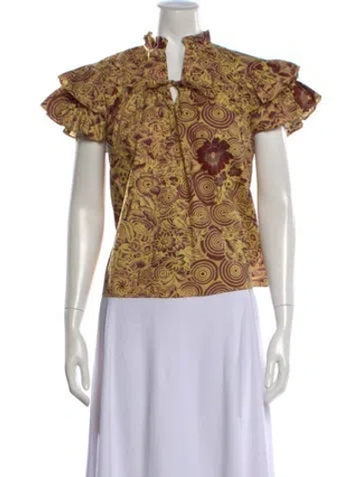 Pre-owned Ulla Johnson Floral Print Tie Neck Blouse In Yellow