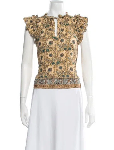 Pre-owned Ulla Johnson Floral Print Tie Neck Blouse In Yellow