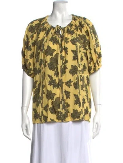 Pre-owned Ulla Johnson Floral Print Tie Neck Blouse In Yellow
