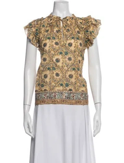 Pre-owned Ulla Johnson Floral Print Tie Neck Blouse In Yellow
