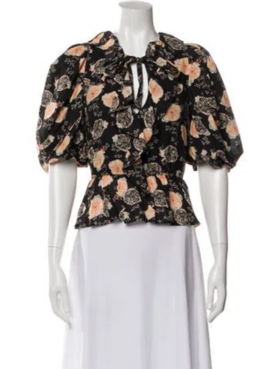 Pre-owned Ulla Johnson Floral Print Tie Neck Crop Top In Black