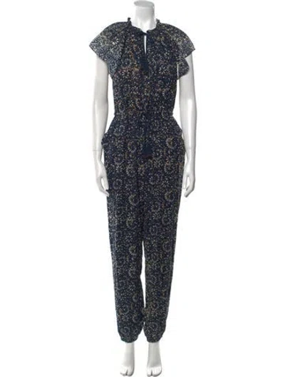 Pre-owned Ulla Johnson Floral Print Tie Neck Jumpsuit In Blue
