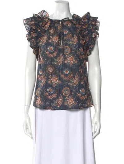 Pre-owned Ulla Johnson Floral Print Tie Neck Top In Blue
