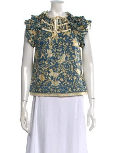 Pre-owned Ulla Johnson Floral Print Tie Neck Top In Blue