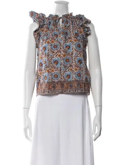 Pre-owned Ulla Johnson Floral Print Tie Neck Top In Brown