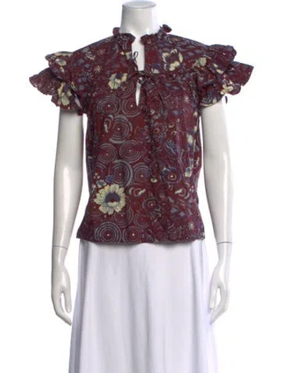 Pre-owned Ulla Johnson Floral Print Tie Neck Top In Burgundy