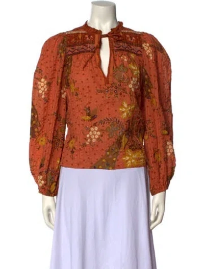 Pre-owned Ulla Johnson Floral Print Tie Neck Top In Orange