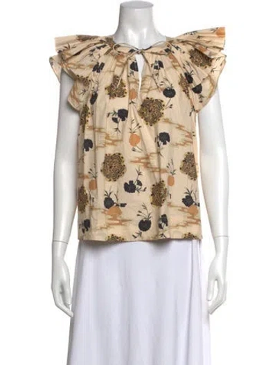 Pre-owned Ulla Johnson Floral Print Tie Neck Top W/ Tags In Neutrals