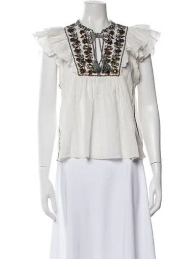 Pre-owned Ulla Johnson Floral Print Tie Neck Top In White
