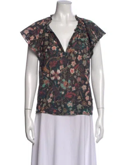 Pre-owned Ulla Johnson Floral Print V-neck Blouse In Black