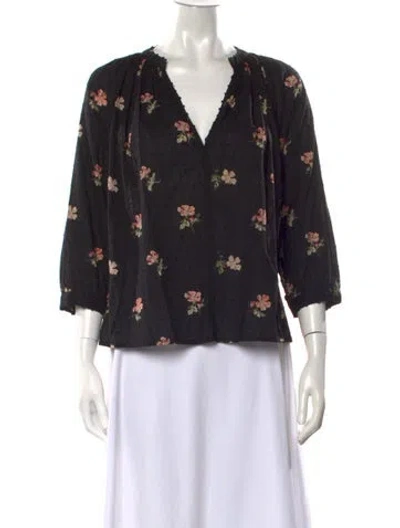 Pre-owned Ulla Johnson Floral Print V-neck Blouse In Black