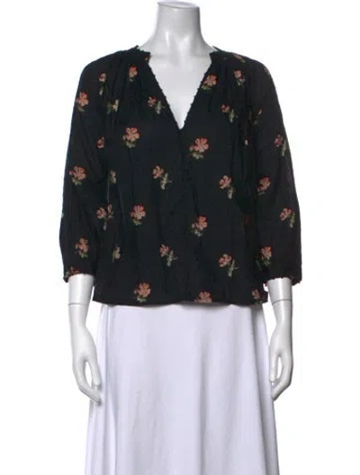 Pre-owned Ulla Johnson Floral Print V-neck Blouse In Black