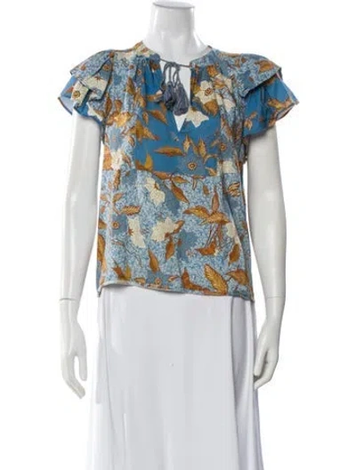 Pre-owned Ulla Johnson Floral Print V-neck Blouse In Blue