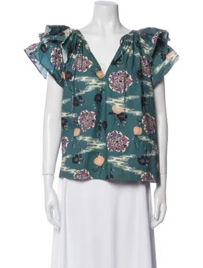 Pre-owned Ulla Johnson Floral Print V-neck Blouse In Blue