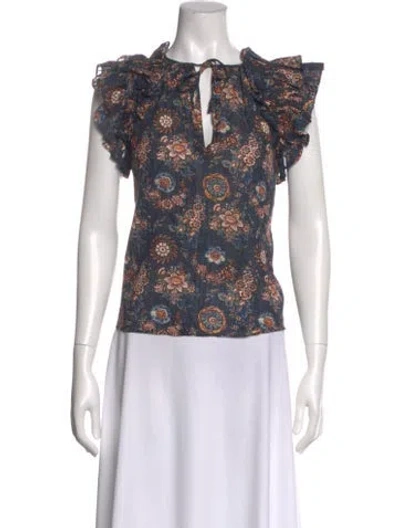 Pre-owned Ulla Johnson Floral Print V-neck Blouse In Blue