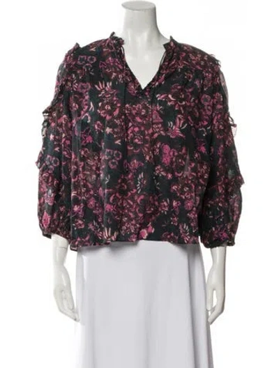 Pre-owned Ulla Johnson Floral Print V-neck Blouse In Blue
