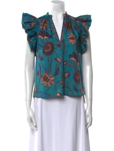 Pre-owned Ulla Johnson Floral Print V-neck Blouse In Blue