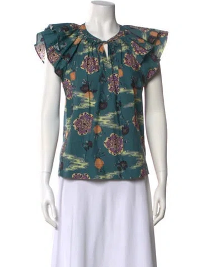 Pre-owned Ulla Johnson Floral Print V-neck Blouse In Blue