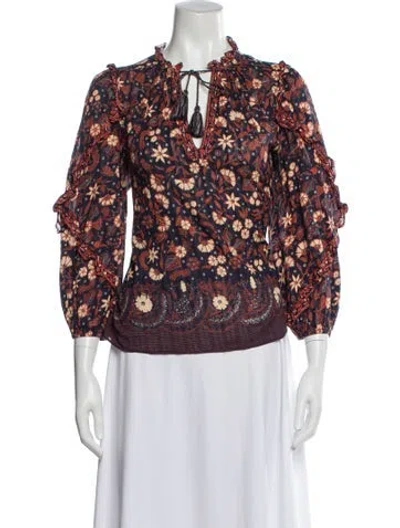 Pre-owned Ulla Johnson Floral Print V-neck Blouse In Blue