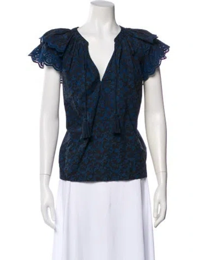 Pre-owned Ulla Johnson Floral Print V-neck Blouse In Blue