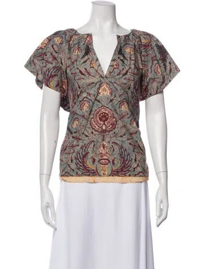 Pre-owned Ulla Johnson Floral Print V-neck Blouse In Blue