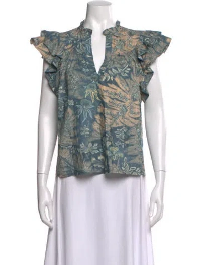 Pre-owned Ulla Johnson Floral Print V-neck Blouse In Blue