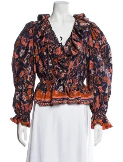 Pre-owned Ulla Johnson Floral Print V-neck Blouse In Blue