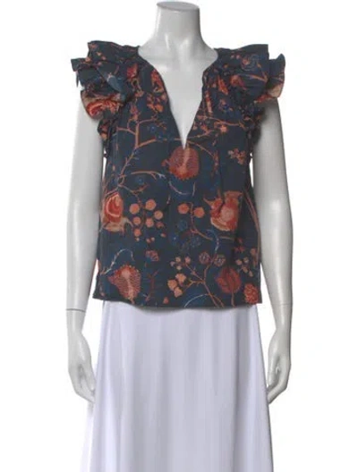 Pre-owned Ulla Johnson Floral Print V-neck Blouse In Blue