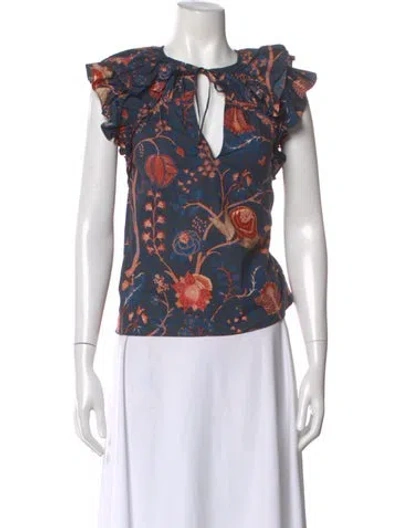 Pre-owned Ulla Johnson Floral Print V-neck Blouse In Blue