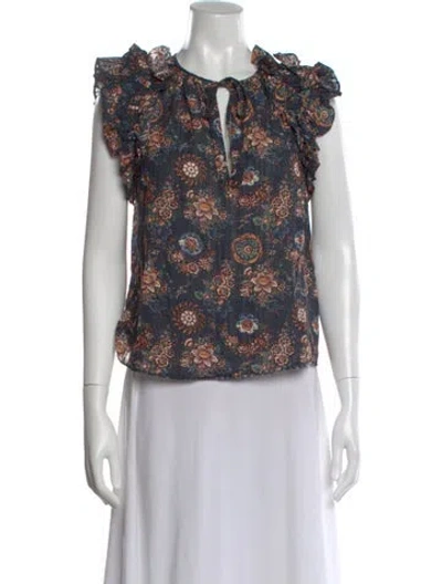Pre-owned Ulla Johnson Floral Print V-neck Blouse In Blue
