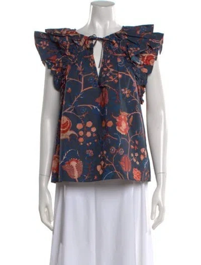 Pre-owned Ulla Johnson Floral Print V-neck Blouse In Blue