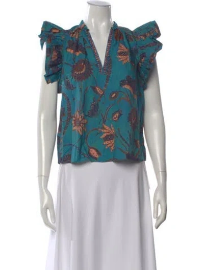 Pre-owned Ulla Johnson Floral Print V-neck Blouse In Blue