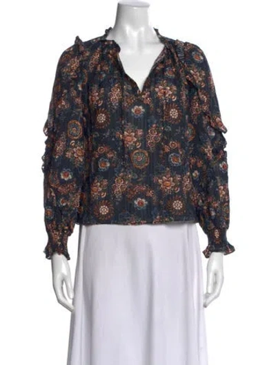 Pre-owned Ulla Johnson Floral Print V-neck Blouse In Blue