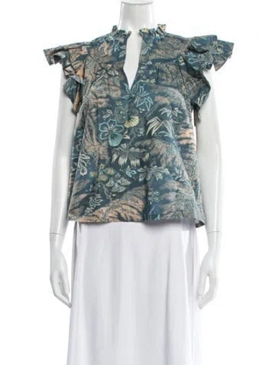 Pre-owned Ulla Johnson Floral Print V-neck Blouse In Blue
