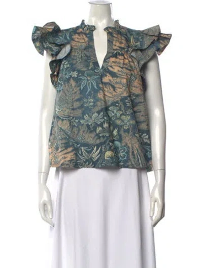 Pre-owned Ulla Johnson Floral Print V-neck Blouse In Blue