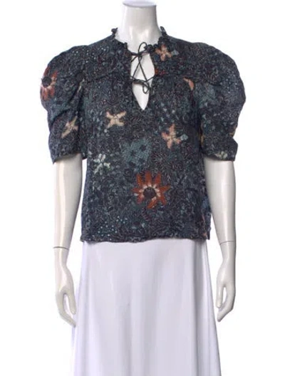 Pre-owned Ulla Johnson Floral Print V-neck Blouse In Blue