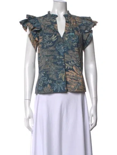 Pre-owned Ulla Johnson Floral Print V-neck Blouse In Blue