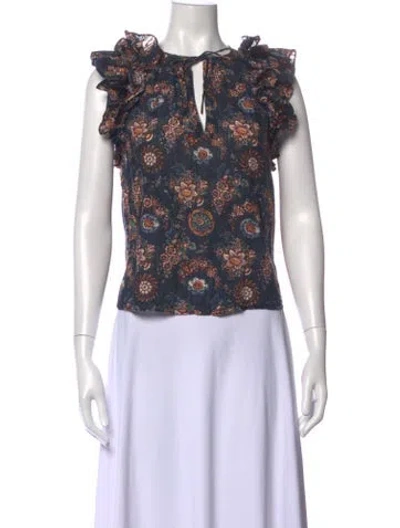 Pre-owned Ulla Johnson Floral Print V-neck Blouse In Blue