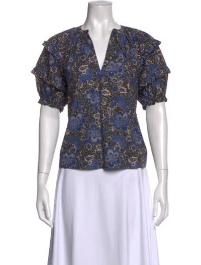 Pre-owned Ulla Johnson Floral Print V-neck Blouse In Blue