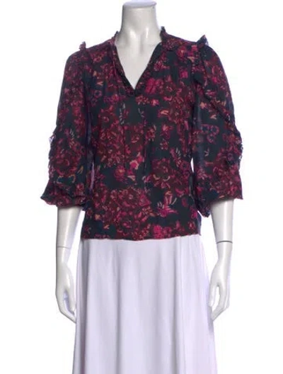 Pre-owned Ulla Johnson Floral Print V-neck Blouse In Blue