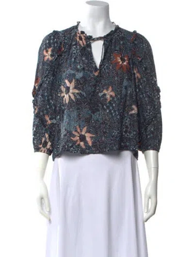 Pre-owned Ulla Johnson Floral Print V-neck Blouse In Blue