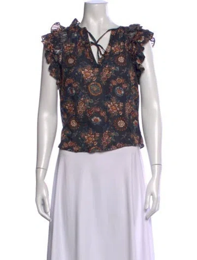 Pre-owned Ulla Johnson Floral Print V-neck Blouse In Blue