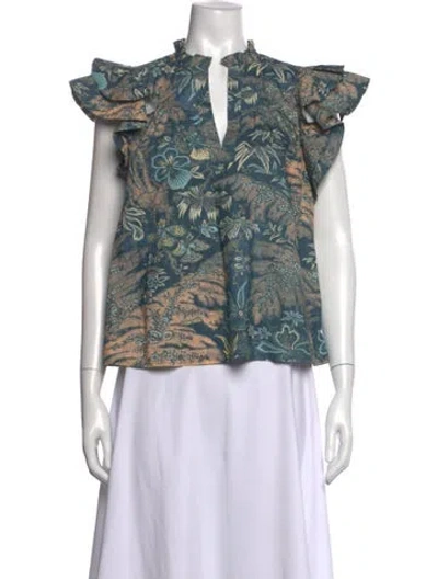 Pre-owned Ulla Johnson Floral Print V-neck Blouse In Blue