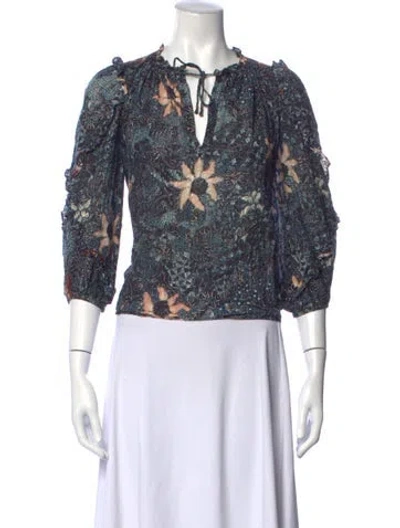 Pre-owned Ulla Johnson Floral Print V-neck Blouse In Blue