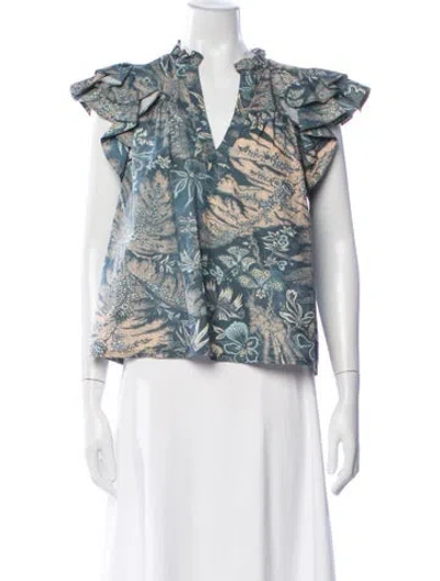 Pre-owned Ulla Johnson Floral Print V-neck Blouse In Blue