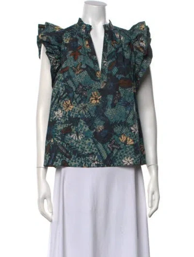 Pre-owned Ulla Johnson Floral Print V-neck Blouse In Blue